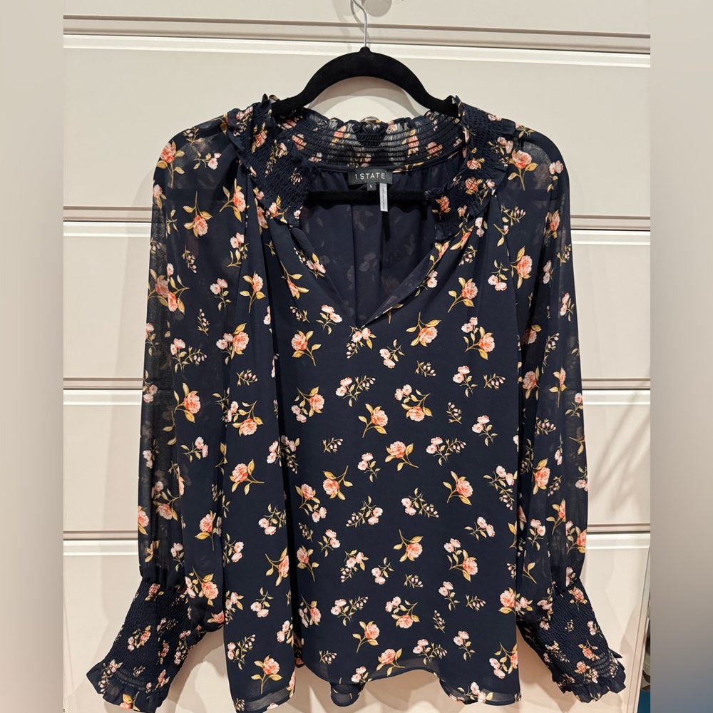 1. State Navy Floral Blouse Long Sleeve Top Large - Picture 2 of 5